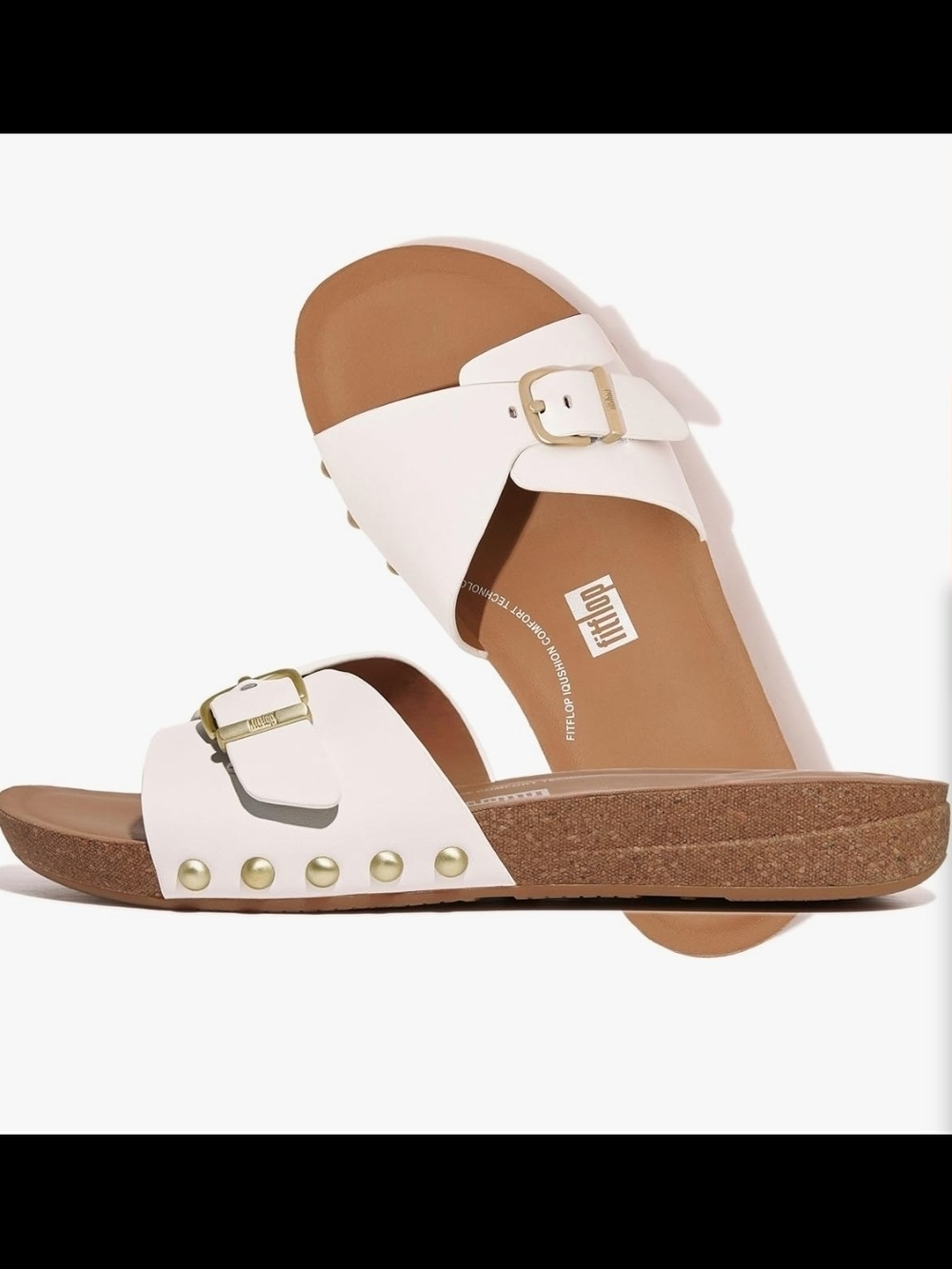 Fitflop White Slide Sandals with Gold Buckles and Studs